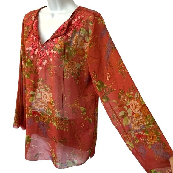 CAbi Womens 100% Silk Floral Embroidered Tunic Top S Coral Pink Sheer Boho Flowy - Picture 4 of 16